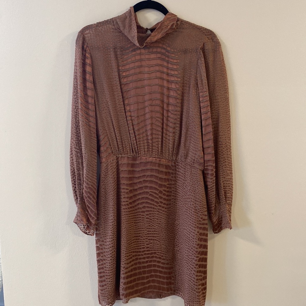 Reiss Mauve-Brown Long Sleeve Textured Shift Dress
